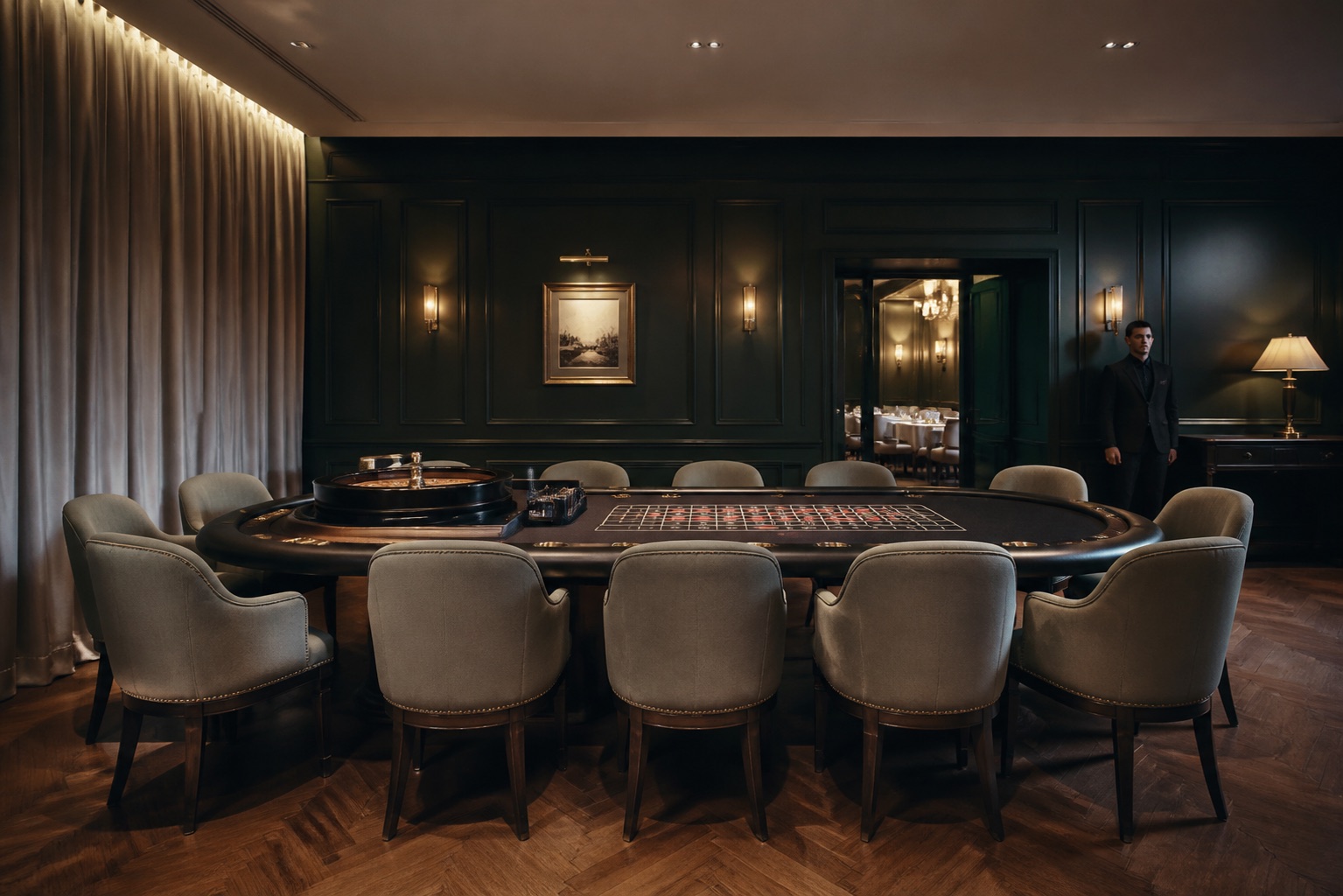 Ciemnozielony salon z eleganckim stołem do ruletki